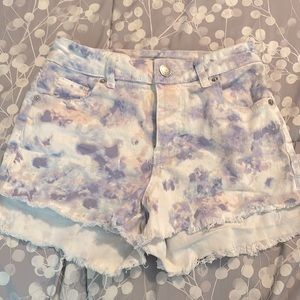Purple and pink bleached, distressed jean shorts